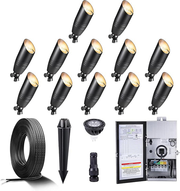 Gardenreet Black Brass Landscape Lighting Kit (12-Pack Spotlights) with 300W Low Voltage Transformer and Mechanical | Lumora