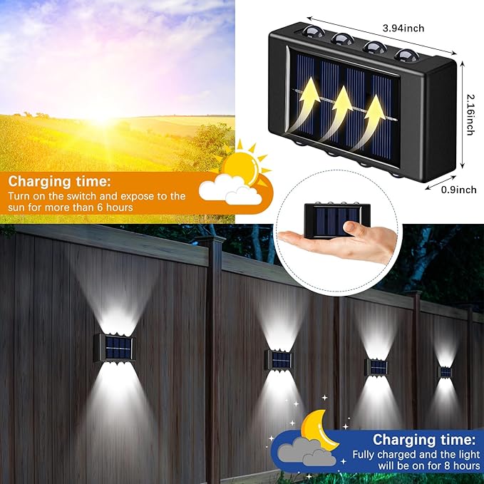 8 Pack Solar Wall Lights for Outside 6000K Cold Solar Fence Lights Up and Down LED Autumn Outdoor Decorative | Lumora