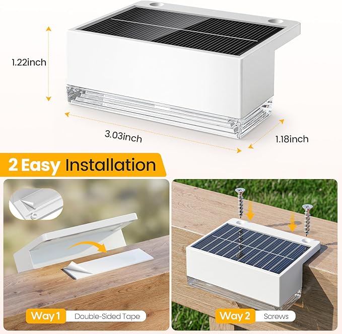 Solar Deck Lights 8 Pack, 3 Color Modes Soft Warm/Natural/Cool Glow, IP65 Waterproof Step Lights for Outdoor Ambiance, Solar Lights for Fence, Deck, Railing, Patio & Backyard Decor (White)