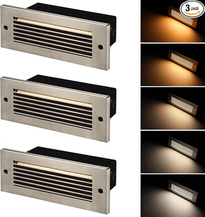 LEONLITE Update 5CCT LED Step Lights 120-277V, Dimmable 4.5W 300LM Anti-Glare LED Deck Steps Stair Lights Outdoor, 1800K2700K3000K4000K5000K, CRI 90, ETL, IP65 Waterproof, Satin Nickel, Pack of 3