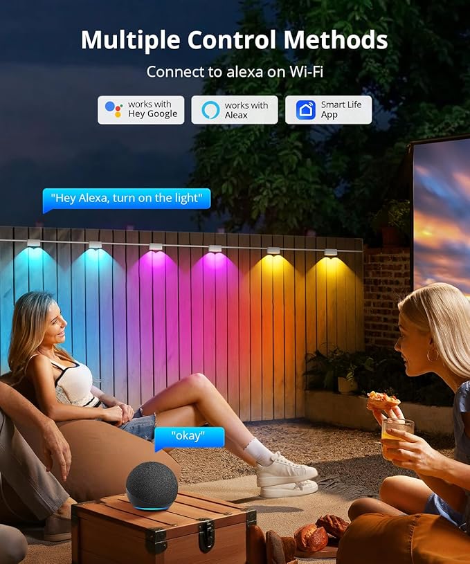 Outdoor Deck Lights 16 Packs, Smart RGBCW Fence Light, 100+ Scene Modes, Dual Lens LED String Lights with | Lumora
