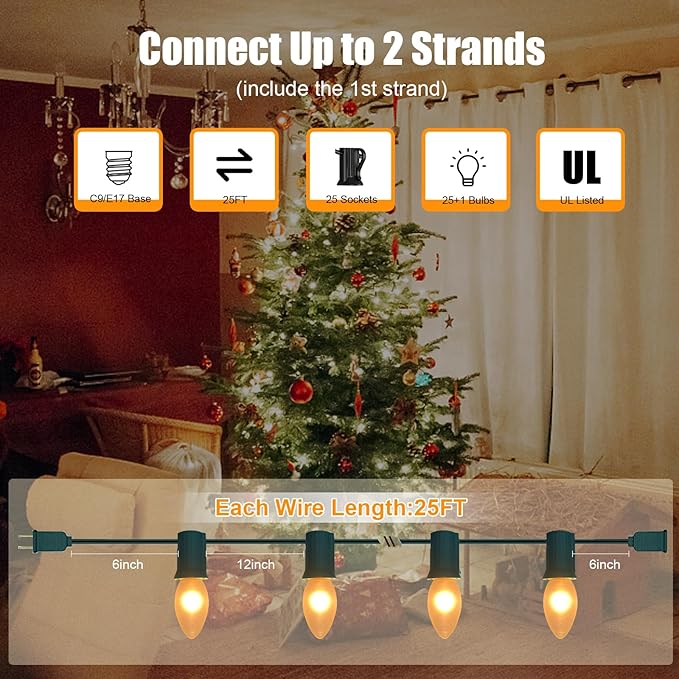 25Ft Frosted White Christmas Lights C9 Vintage Christmas String Lights with 26 Frosted White Bulbs(1 Spare) Hanging | Lumora