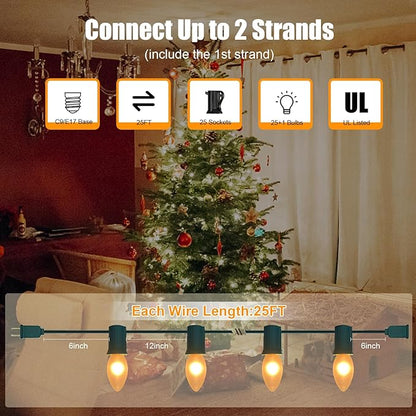 25Ft Frosted White Christmas Lights C9 Vintage Christmas String Lights with 26 Frosted White Bulbs(1 Spare) Hanging Outdoor String Lights for Patio Holidays Christmas Prom Party Wedding- Green Wire