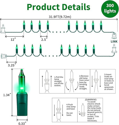 LAMPHOME St. Patrick's Day Mini String Lights,Green st Patricks Day Tree Decorations,300Lights 63.8ft(2pk of 150L) Christmas Light for Outdoor Christmas Tree Garden Holiday Party Patio Decor