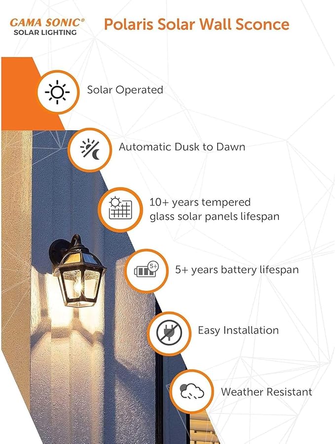 Gama Sonic Polaris Solar Wall Sconce Light, Outdoor Warm White LED Exterior Lamp, Black UV Protected Resin for Coastal Areas, for Walkways, Pathway, Columns, Sheds, Piers (177BP250010) 2 Pack