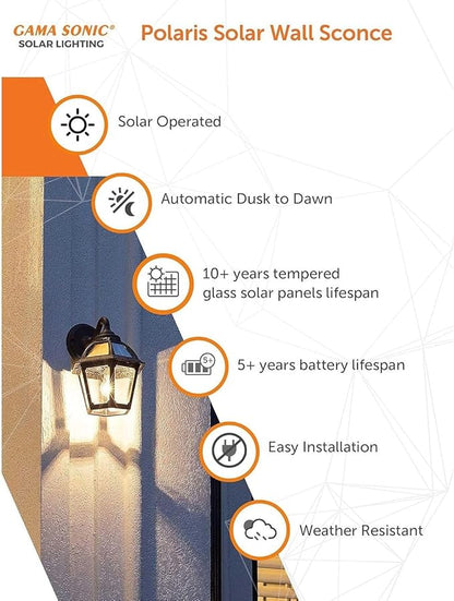 Gama Sonic Polaris Solar Wall Sconce Light, Outdoor Warm White LED Exterior Lamp, Black UV Protected Resin for Coastal Areas, for Walkways, Pathway, Columns, Sheds, Piers (177BP250010) 2 Pack