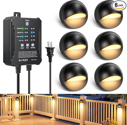 Low Voltage LED Deck Lights Kit with Transformer Timer, Dusk-to-Dawn Outdoor Step Lights Waterproof IP67, Warm White, Surface Mount Stair Lights for Deck, Patio, Railing, Fence (6 Pack)