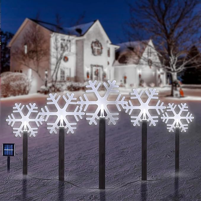 BRIGHTDECK Snowflake Solar Christmas Decorations Outdoor, 5 Pack LED Christmas Pathway Lights, Waterproof Snowflake Pathway Lights, Stake Lights for Christmas Garden Decor（Cold White）