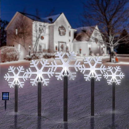 BRIGHTDECK Snowflake Solar Christmas Decorations Outdoor, 5 Pack LED Christmas Pathway Lights, Waterproof Snowflake Pathway Lights, Stake Lights for Christmas Garden Decor（Cold White）