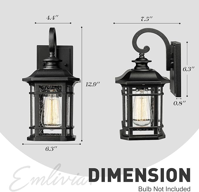 Emliviar Outdoor Wall Lantern Lights, 1-Light Exterior Wall Sconce Lamp, Black Finish with Clear Seeded Glass | Lumora