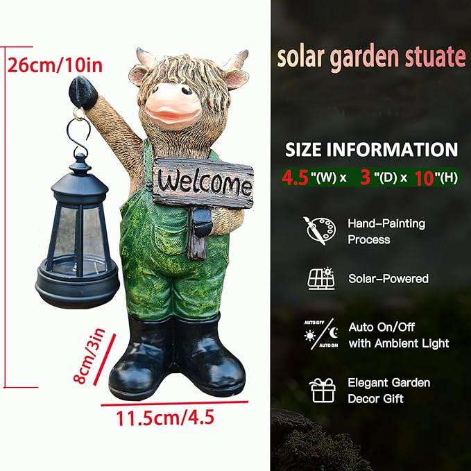 Solar Garden Decor Statues: Handmade Resin Statue with LED Light,Highland Cow Figurine Outdoor Garden Decor Unique | Lumora