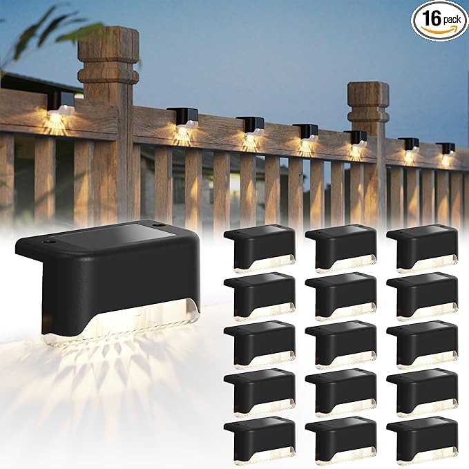 JACKYLED Solar Deck Lights 16 Pack Solar Fence Light Solar Powered Outdoor Step Light IP65 Waterproof LED Pathway Light for Deck Fence Railing Garden Patio StairYard, Black