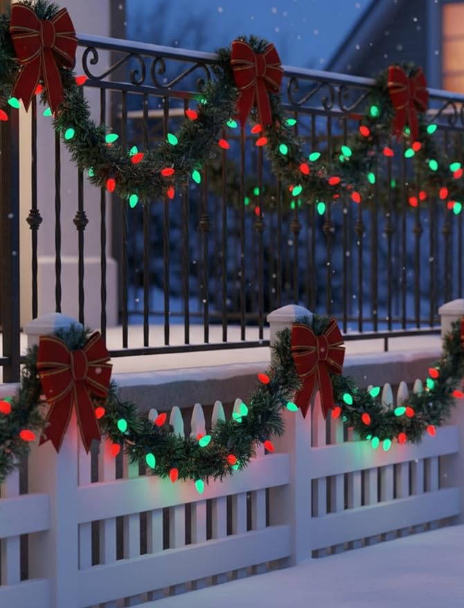 C7 Outdoor Christmas Lights - 25ft Red and Green Christmas Lights with 27 Ceramic Bulbs(2 Spare), Waterproof Extendable Christmas Tree Lights for Indoor Party Backyard Xmas Light,Green Wire