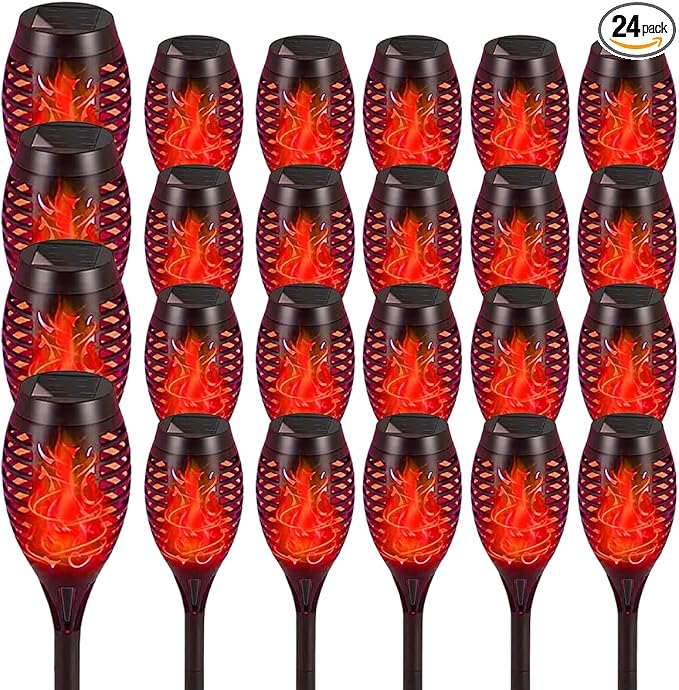 Solar Flashlight Light with Flickering Flame, Multi-Piece Outdoor Solar Lights, Outdoor Waterproof Solar Garden Lights for Decorative Paths, Patio and Deck Outdoor Lighting（Red (24)