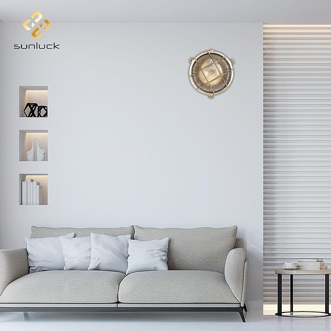 Sunluck Brass Bulkhead Light Grid Round Nautical Wall Lampshade,Ceiling Mount,Sauna Light Waterproof IP54,Rust | Lumora