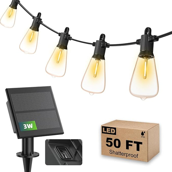 50FT Solar String Lights Outdoor Waterproof IP65 with USB-Charging , Solar Powered LED Patio Lights with 25+2 | Lumora