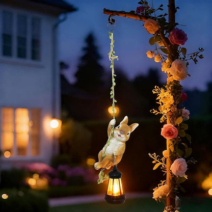 Solar Hanging Bunny Rabbit Statue, Easter Outdoor Resin Animal Figurine with LED Lights for Garden, Fence, Porch, Patio, Yard Decor, Dusk to Dawn Auto On/Off