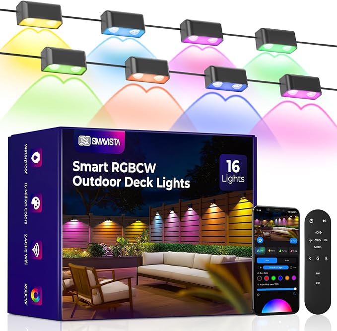 Outdoor Deck Lights 16 Packs, Smart RGBCW Fence Light, 100+ Scene Modes, Dual Lens LED String Lights with | Lumora