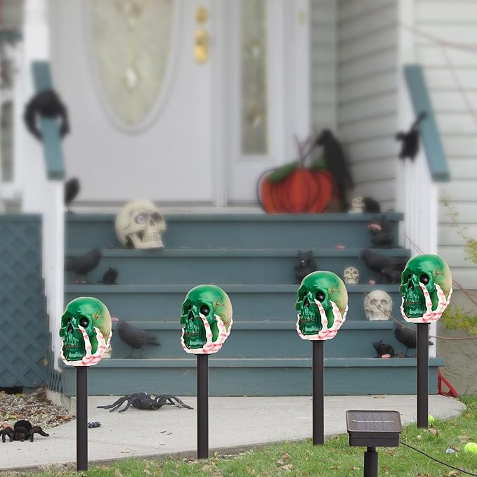 HUYIENO Solar 4pcs Halloween Pathway Lights LED Lights Outdoor Waterproof Halloween Decorations for Garden