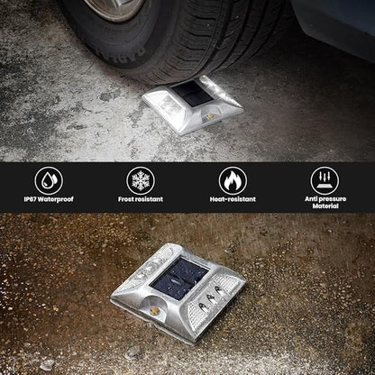 Solar Raised Pavement Marker High Brightness IP68 Waterproof Reflective Road Marker Solar Driveway Dock Lights Sidewalk Stair Garden Pathway Walkway（6 Pack） (White, Blinker)