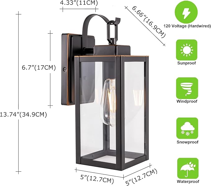 GRUENLICH Outdoor Wall Lantern, Wall Sconce for Porch Lighting Fixture, E26 Base Max 60W, Metal Housing Plus Glass, Oil Rubbed Bronze Finish, Bulb Not Included, 1-Pack