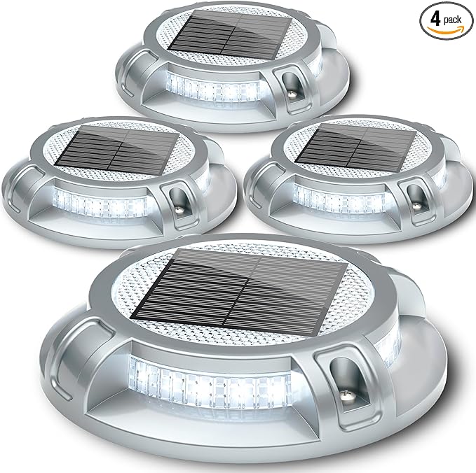SIEDiNLAR Solar Driveway Lights Outdoor 4 Modes 40 LEDs Deck Driveway Markers Marine Dock Light Waterproof for Ground Walkway Pathway Step Garden Yard, White/Warm Dynamic Lighting (4 Pack)