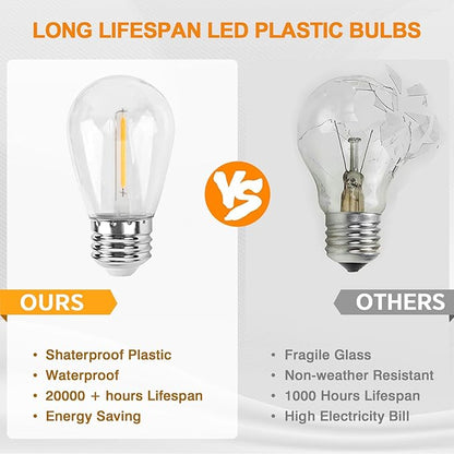 EAGLE PEAK 25 FT S14 Solar-Powered String Lights, IP65, 10 Shatterproof Edison Vintage Bulbs (2 Spare) for Outdoors, 10 Hanging Sockets, Decorative Lights for Patio, Garden, Wedding, Party, and Pool