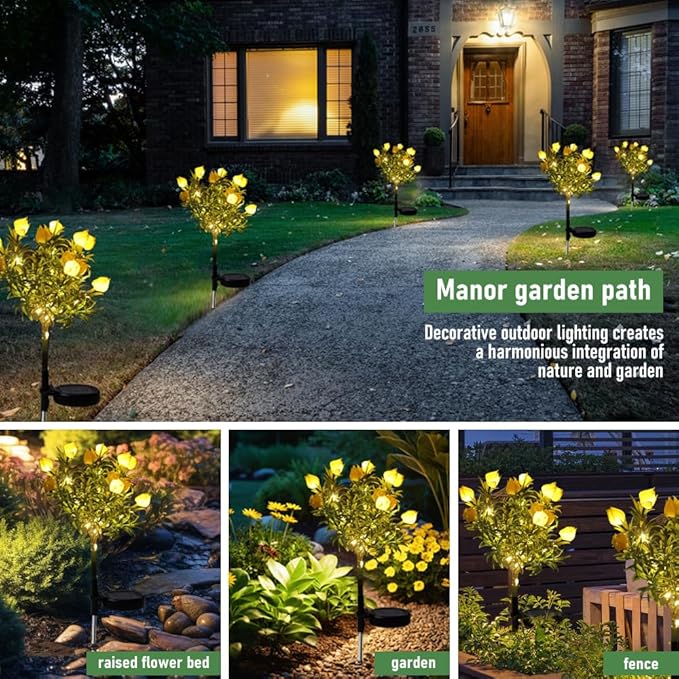 Solar Flower Lights Outdoor Realistic Tulip Gardenia Tree Lamps Wireless Design IP65 Waterproof Auto Day 6-8h/Night 8-10h Larger Solar Panel