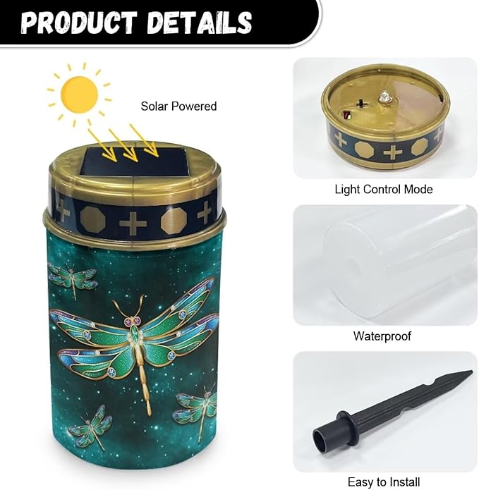 Green Dragonfly Solar Lights Outdoor Garden, Waterproof Solar Powered Stake Lights, Christmas Birthday Gifts for Dad Grandma Garden Yard Gravesite Decorations
