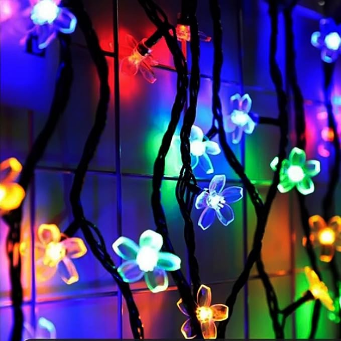 Outdoor Flower String Lights, 33ft Black Wire Fairy Lights with 100 LED Lighted Cherry Blossom for Indoor/Outdoor Backyard, Patio, Garden, Party, Christmas Decoration (Black Wire-Multicolored)