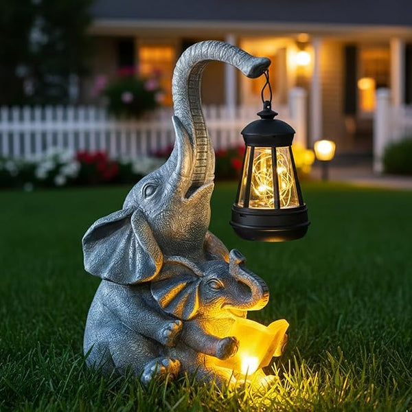Solar Garden Statue Lights Loving Elephants Figurine with Solar Lantern, Outdoor Yard Decorations for Patio Porch | Lumora