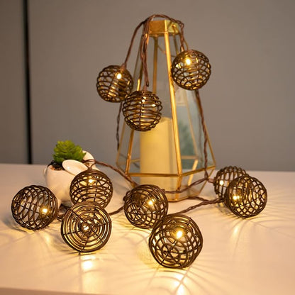 Vigdur Rattan Ball String Lights, Brown Plug in Decorative Lights with 10 Rattan Bulbs, Connectable Patio String Lights for Home, Garden, Backyard & Cottagecore Decor(9.84FT)