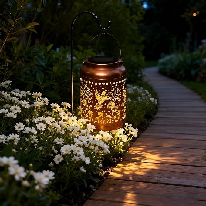 Gifts for Women Mom, 2 Pack Solar Lanterns Outdoor Garden Solar Lights Waterproof Hummingbird Decorative Hanging Metal Lights Gardening Gift for Outside Yard, Patio, Backyard, Farm
