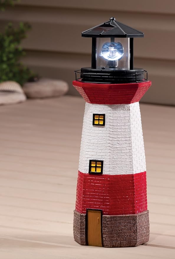 Miles Kimball Red Solar Lighthouse by Maple Lane Creations- Rotating LED Light Outdoor Décor - Lawn and Garden Resin Lighthouse