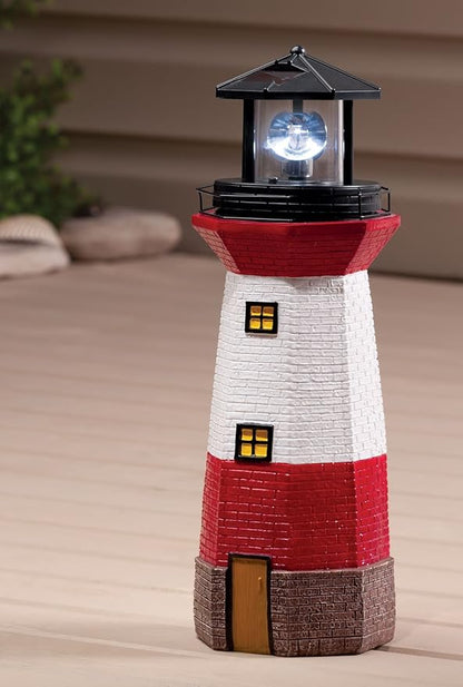 Miles Kimball Red Solar Lighthouse by Maple Lane Creations- Rotating LED Light Outdoor Décor - Lawn and Garden Resin Lighthouse