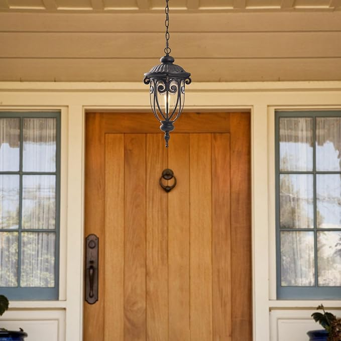 Vintage Bronze Outdoor Pendant Lights for Porch, 20 1/2" High Exterior Hanging Light Fixture with Adjustable Chain, Outside Ceiling Lantern with Seeded Glass for Patio, Entryway