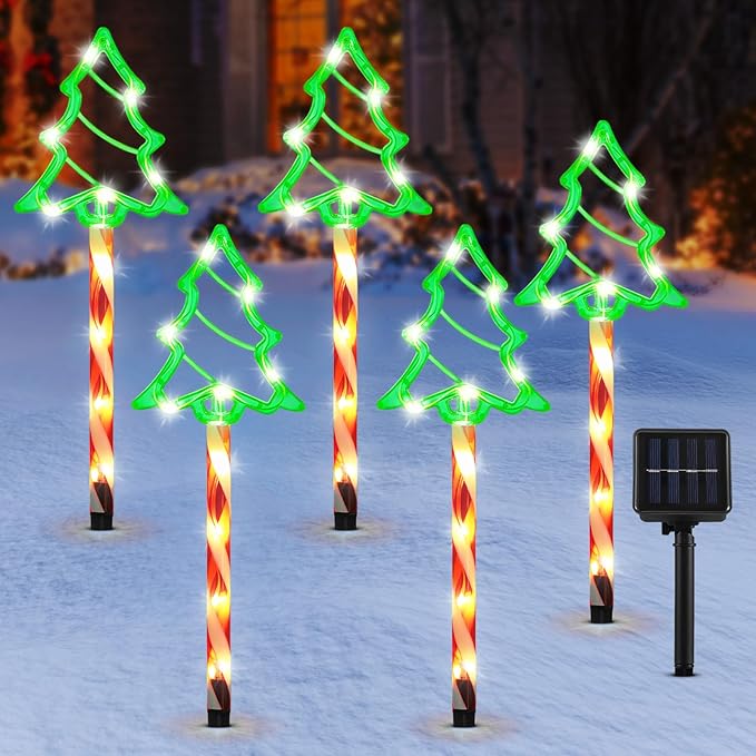 Lewondr Solar Christmas Pathway Lights, 5 PCS Solar Christmas Decorations Outdoor with 2 Lighting Modes, Green Xmas Tree Lights with Red Pole and Garden Stake, Waterproof Yard Lawn Patio Holiday Decor