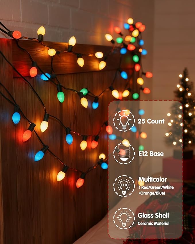 SUNSGNE 25Ft Multicolor Christmas Lights Outdoor, C7 Vintage Christmas String Lights with 27 Multicolor Ceramic Bulbs(2 Spare) for Holidays, Christmas Prom Party Wedding- Green Wire