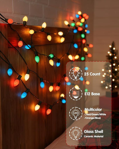 SUNSGNE 25Ft Multicolor Christmas Lights Outdoor, C7 Vintage Christmas String Lights with 27 Multicolor Ceramic Bulbs(2 Spare) for Holidays, Christmas Prom Party Wedding- Green Wire