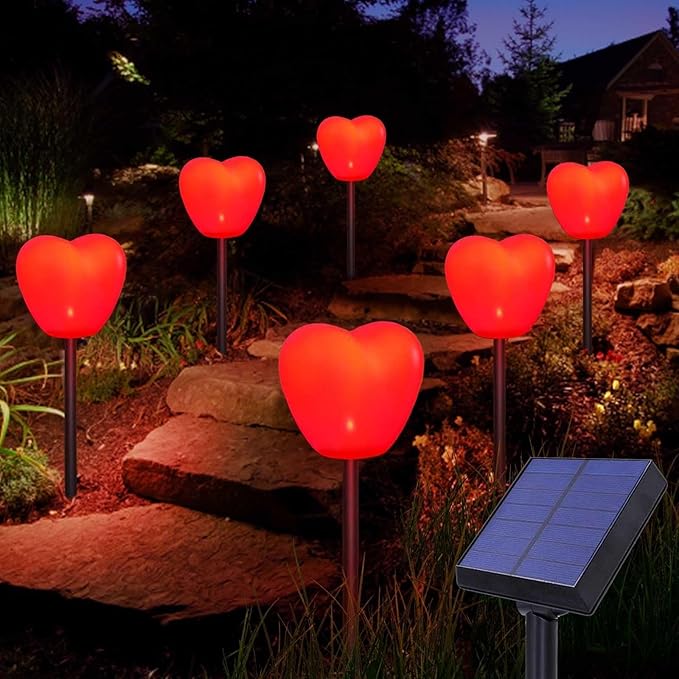 4 Pack Solar Red Heart Stake Lights for Valentines Day Decor, Outdoor Waterproof Heart Shaped Light for Garden Pathway Flowerbed Cemetery Grave Porch Walkway (Red)