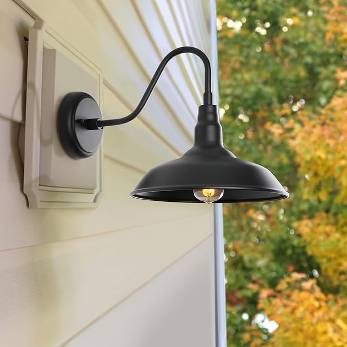 Black Gooseneck Barn Light for Farmhouse 10 Inch Dome Exterior Lights Fixture with Wall Mount, Outdoor Wall Sconce | Lumora