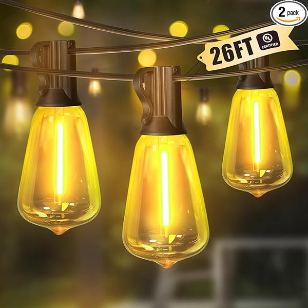LAMPHOME 2-Pack 26Ft ST38 Outdoor String Lights, Warm Yellow Edison LED Patio Light with 12+1 Shatterproof Bulbs | Lumora