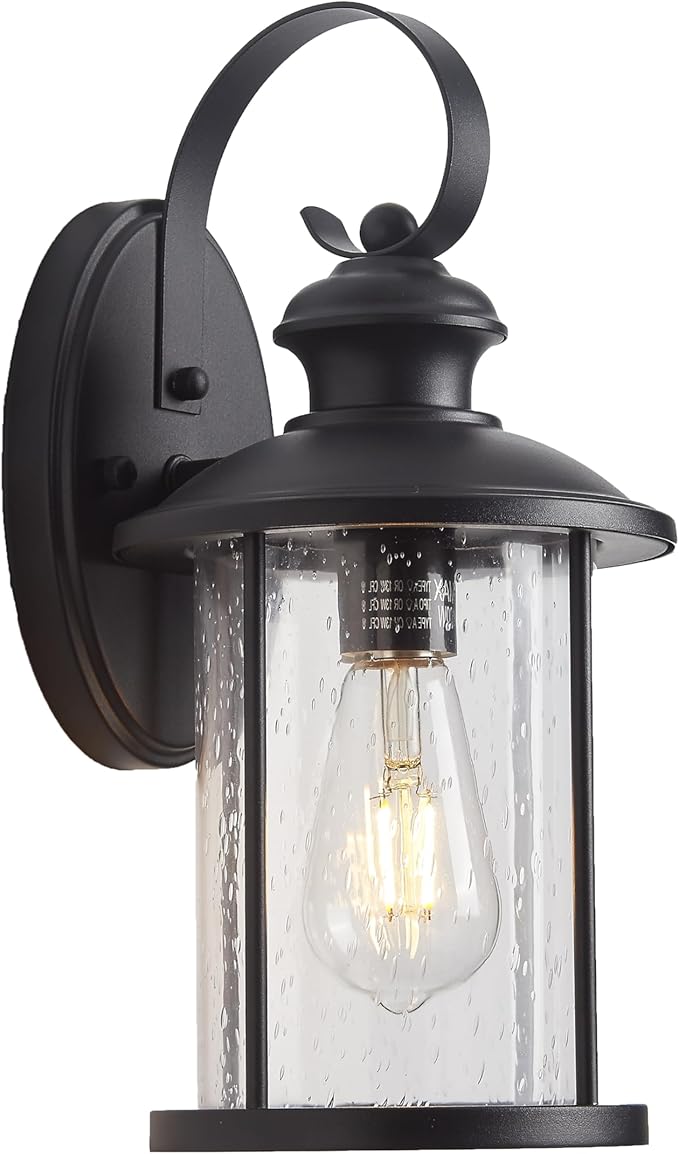MICSIU 13.75-Inch Large Outdoor Wall Lantern, Matte Black Exterior Wall Sconce with Clear Seedy Glass, Anti-Rust Waterproof Outside Light Fixture for House, Porch, Garage, Front Door, E26 Base