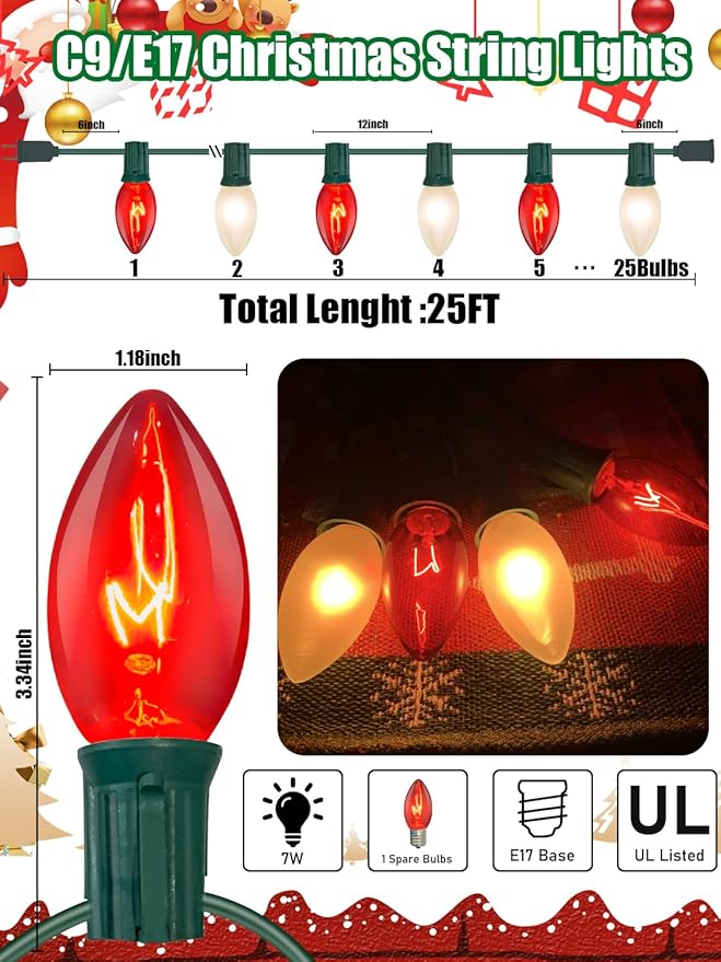 C9 Christmas Lights, 25FT Christmas C9 String Lights with 26 Red White Bulbs, Hanging Christmas Decoration Lights for Outdoor Patio Party Garden Yard-Green Wire