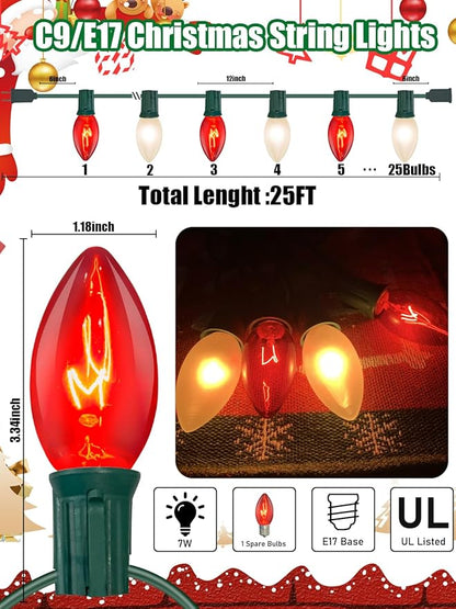 C9 Christmas Lights, 25FT Christmas C9 String Lights with 26 Red White Bulbs, Hanging Christmas Decoration Lights for Outdoor Patio Party Garden Yard-Green Wire