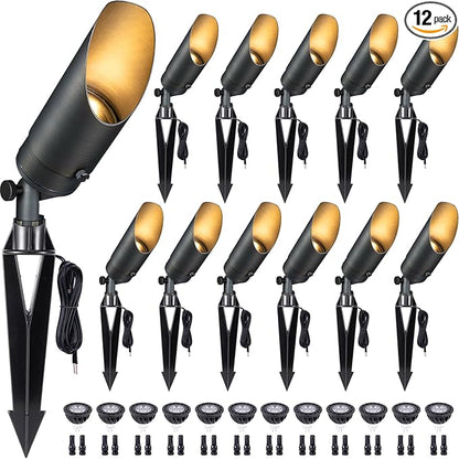 Gardenreet Die-Cast Brass Spot Light Outdoor - 12V Uplighting Waterproof, LED Low Voltage Landscape Lights Metal, Bronze for Fence Fountain with Warm White MR16 Replaceable Bulbs (12 Pack)