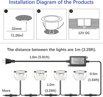 LED Outdoor Deck Lights Kits, Φ1.77in Warm White 10 Pack Silver, Low Voltage 12V DC IP67 Waterproof, Electric Wired Recessed Exterior Stair Step Riser Landscape Lighting for Outside Floor Yard