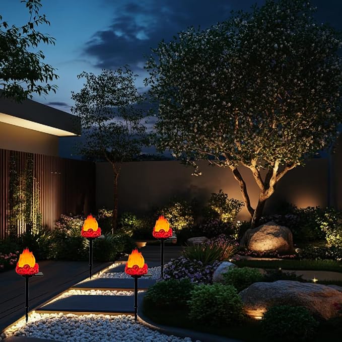Solar Lights Outdoor，Flame-Shaped Waterproof Auto On/Off Solar Christmas Lights for Balcony, Terrace, Lawn, Courtyard, Garden, Beach. (Short)