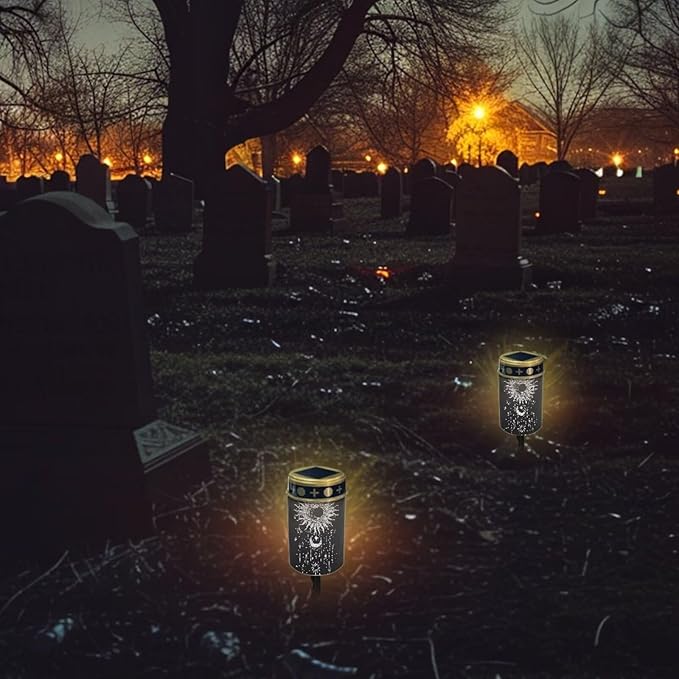 HUGS IDEA Sun Moon Solar Cemetery Lights for Grave Gothic Solar Memorial Lanterns Angel Garden Ornaments Waterproof Led Lanterns for Day-Night Illumination in Gardens