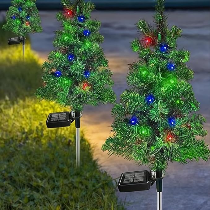 Solar Powered Mini Christmas Trees, 2026 New Solar Christmas Tree Lights Holiday Decorations, Solar Christmas Lights Outdoor Xmas Tree for Yard, Pathway, Porch, Cemetery (2PC-Colored Lights)
